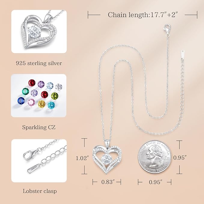 Love Heart Birthstone Necklaces for Women Rose Gold Jewelry for Wife Girlfriend Mom Daughter for Anniversary Birthday Gift  , With very nice LED-Light Gift box packing.