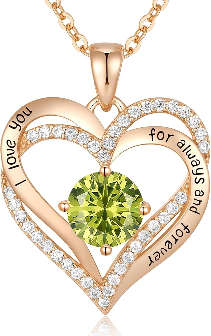 Love Heart Birthstone Necklaces for Women Rose Gold Jewelry for Wife Girlfriend Mom Daughter for Anniversary Birthday Gift  , With very nice LED-Light Gift box packing.