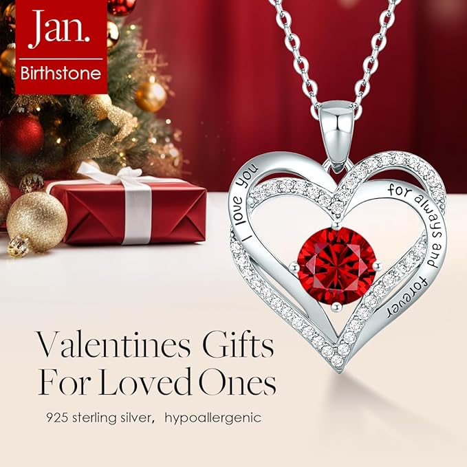 Love Heart Birthstone Necklaces for Women Rose Gold Jewelry for Wife Girlfriend Mom Daughter for Anniversary Birthday Gift  , With very nice LED-Light Gift box packing.
