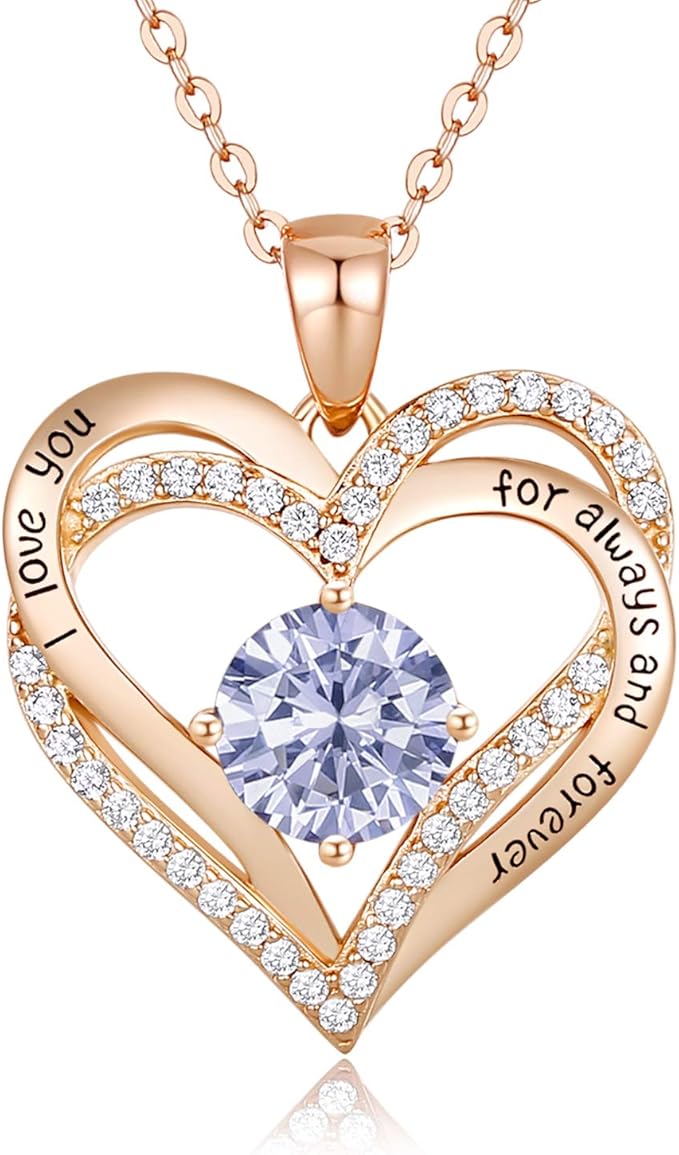 Love Heart Birthstone Necklaces for Women Rose Gold Jewelry for Wife Girlfriend Mom Daughter for Anniversary Birthday Gift  , With very nice LED-Light Gift box packing.