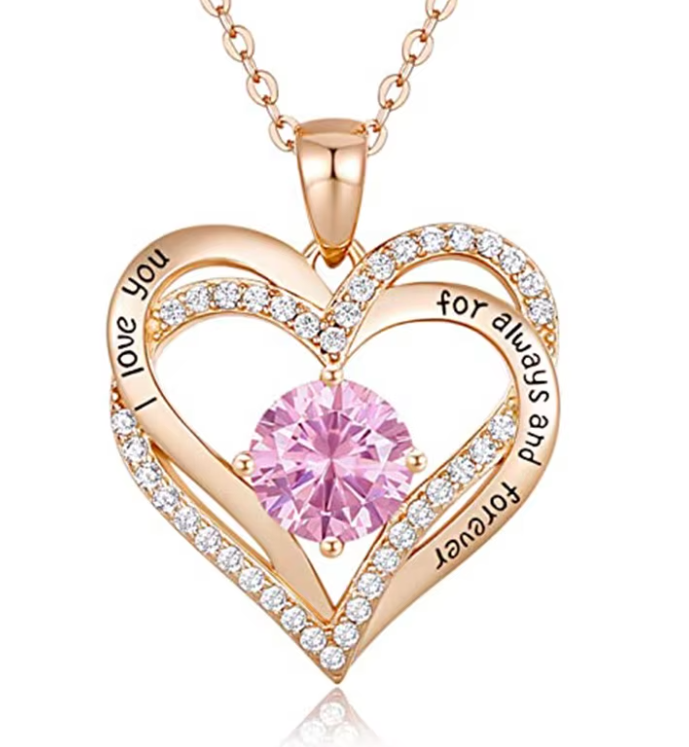 Love Heart Birthstone Necklaces for Women Rose Gold Jewelry for Wife Girlfriend Mom Daughter for Anniversary Birthday Gift  , With very nice LED-Light Gift box packing.