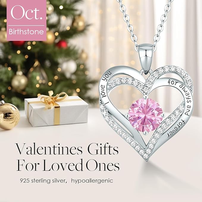 Love Heart Birthstone Necklaces for Women Rose Gold Jewelry for Wife Girlfriend Mom Daughter for Anniversary Birthday Gift  , With very nice LED-Light Gift box packing.
