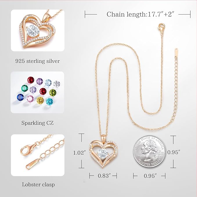 Love Heart Birthstone Necklaces for Women Rose Gold Jewelry for Wife Girlfriend Mom Daughter for Anniversary Birthday Gift  , With very nice LED-Light Gift box packing.