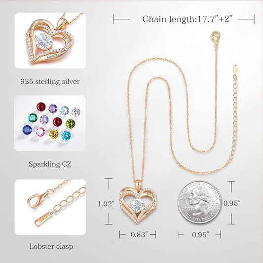 Love Heart Birthstone Necklaces for Women Rose Gold Jewelry for Wife Girlfriend Mom Daughter for Anniversary Birthday Gift  , With very nice LED-Light Gift box packing.