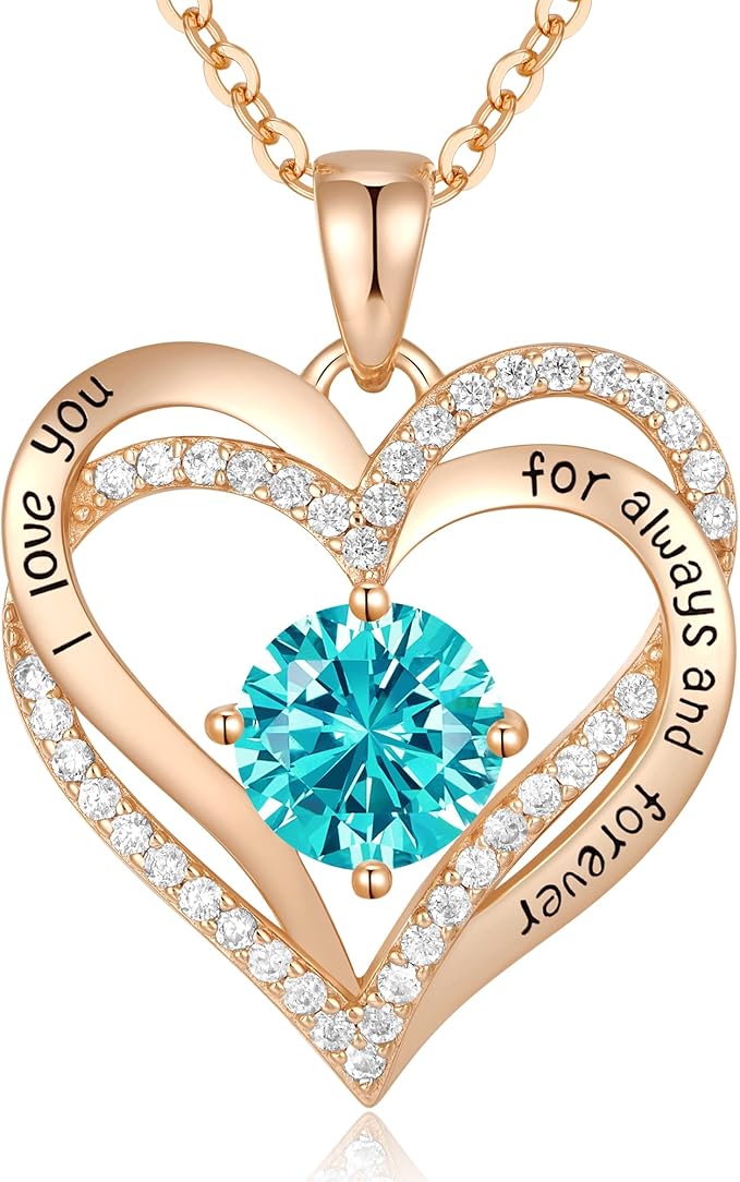Love Heart Birthstone Necklaces for Women Rose Gold Jewelry for Wife Girlfriend Mom Daughter for Anniversary Birthday Gift  , With very nice LED-Light Gift box packing.