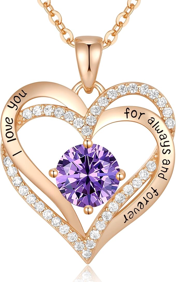 Love Heart Birthstone Necklaces for Women Rose Gold Jewelry for Wife Girlfriend Mom Daughter for Anniversary Birthday Gift  , With very nice LED-Light Gift box packing.