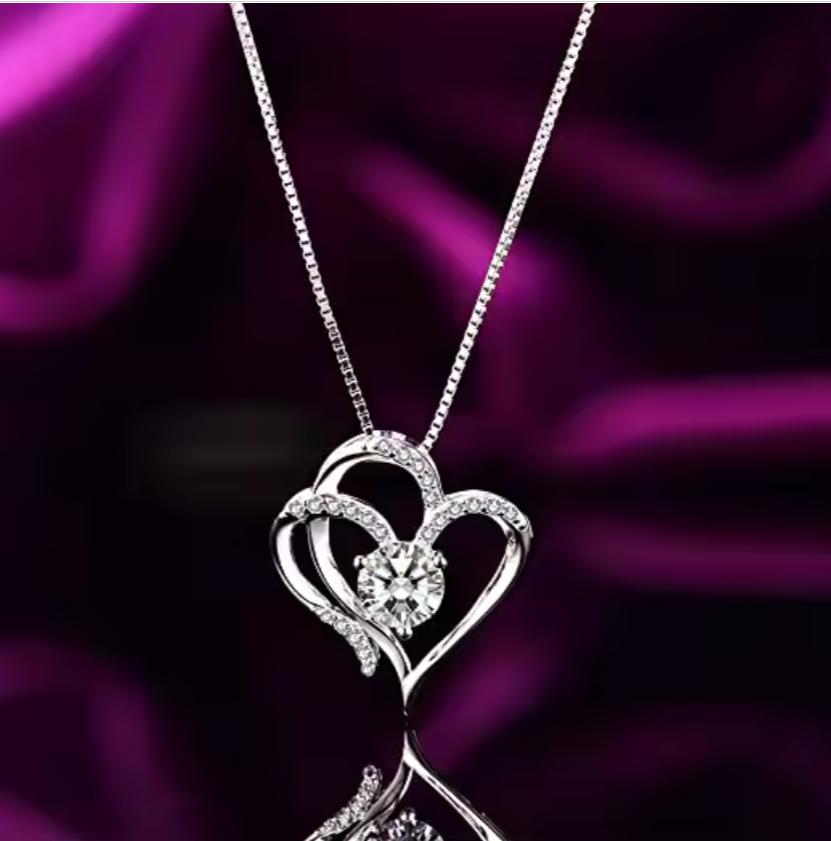 Elegant Double Heart Sterling Silver Pendant Necklace with Sparkling Cubic Zirconia – Romantic Gift for Women, Friends and Family