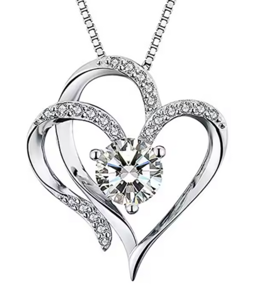 Elegant Double Heart Sterling Silver Pendant Necklace with Sparkling Cubic Zirconia – Romantic Gift for Women, Friends and Family