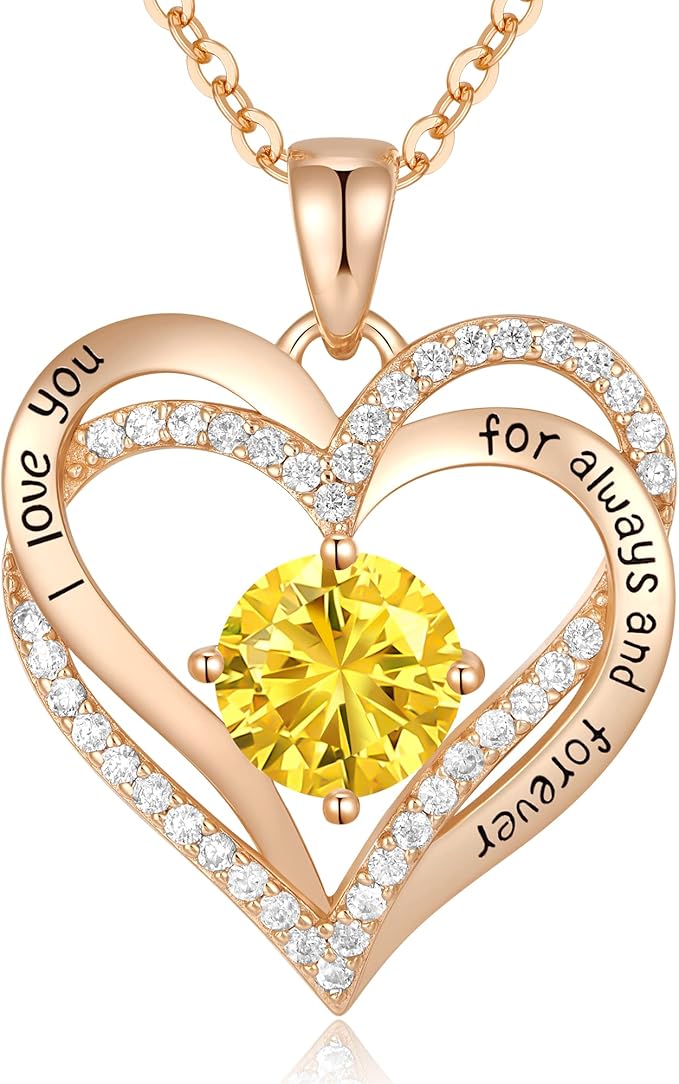 Love Heart Birthstone Necklaces for Women Rose Gold Jewelry for Wife Girlfriend Mom Daughter for Anniversary Birthday Gift  , With very nice LED-Light Gift box packing.