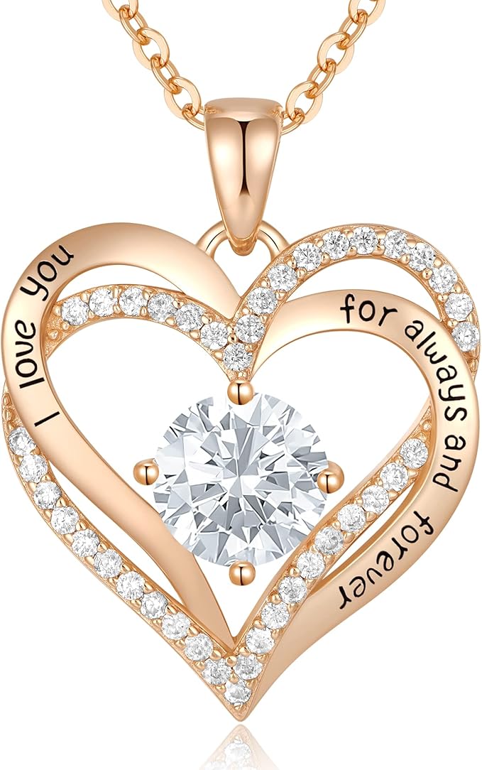 Love Heart Birthstone Necklaces for Women Rose Gold Jewelry for Wife Girlfriend Mom Daughter for Anniversary Birthday Gift  , With very nice LED-Light Gift box packing.