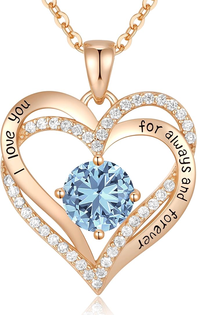 Love Heart Birthstone Necklaces for Women Rose Gold Jewelry for Wife Girlfriend Mom Daughter for Anniversary Birthday Gift  , With very nice LED-Light Gift box packing.