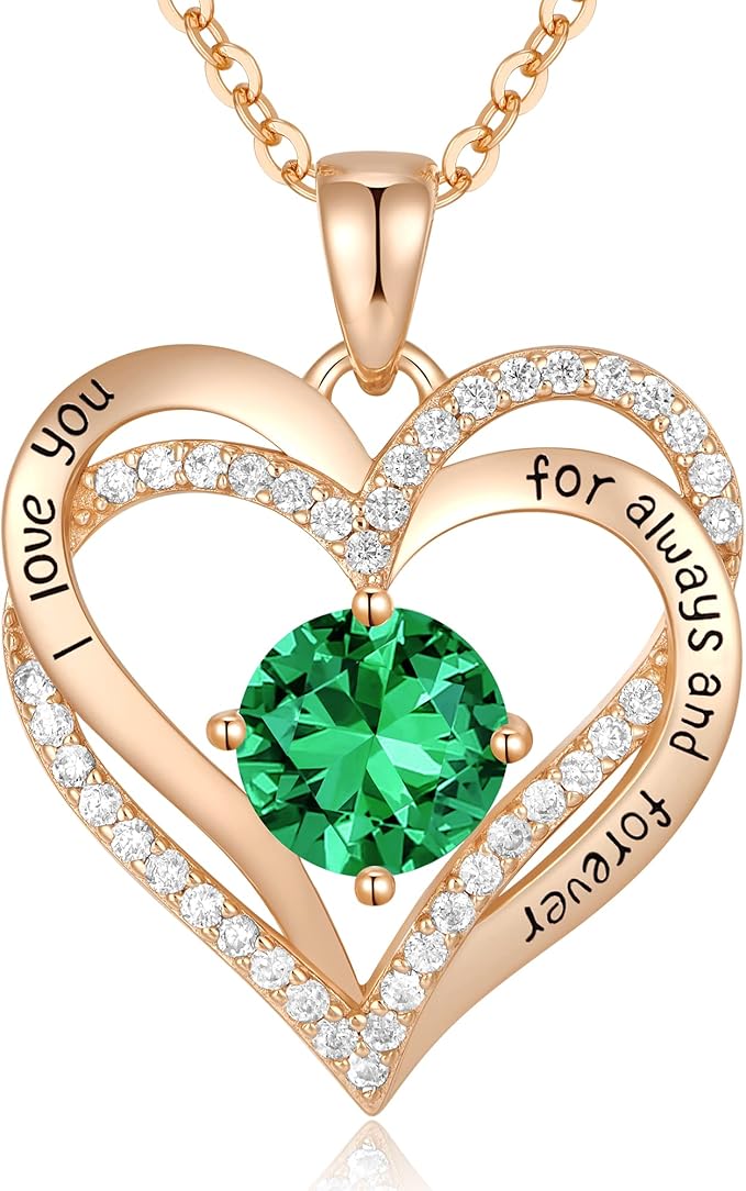 Love Heart Birthstone Necklaces for Women Rose Gold Jewelry for Wife Girlfriend Mom Daughter for Anniversary Birthday Gift  , With very nice LED-Light Gift box packing.