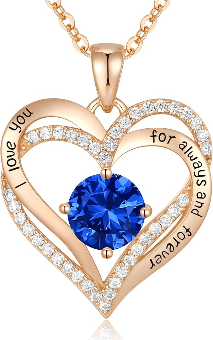 Love Heart Birthstone Necklaces for Women Rose Gold Jewelry for Wife Girlfriend Mom Daughter for Anniversary Birthday Gift  , With very nice LED-Light Gift box packing.