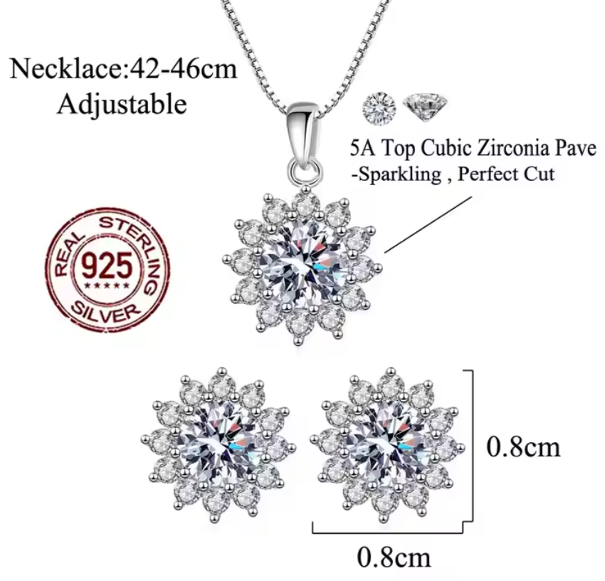 Sterling Silver 925 Snowflake Jewelry Set – Necklace & Earrings with 5A Cubic Zirconia, Adjustable Chain (42-46cm)